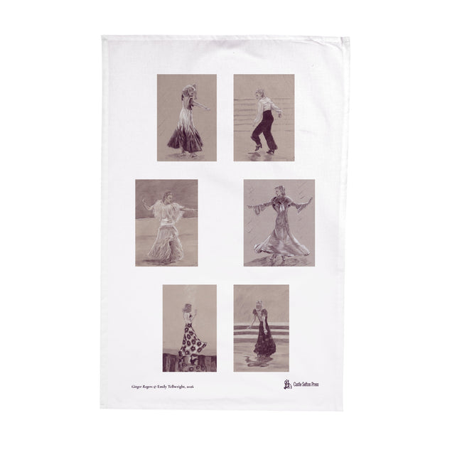 A white tea towel with six sepia drawings of a woman in evening dresses dancing