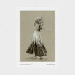 A vintage art print featuring a monochrome sketch of a dancer in a flowing dress, presented on a white paper mount with small text at the bottom.