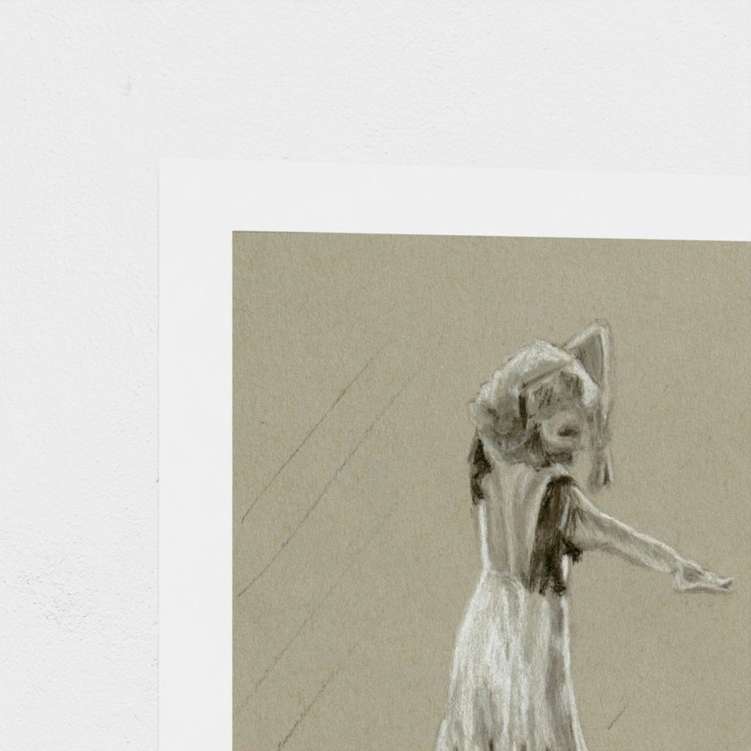 A square art print featuring a monochrome sketch of a woman in a flowing dress, shown against a white border on a light textured background.