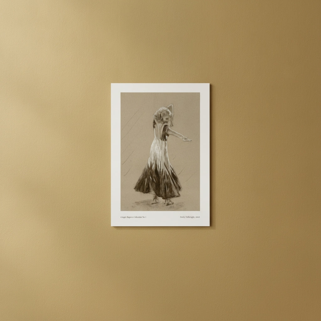A framed art print featuring a sepia-toned sketch of a dancer in a long dress, displayed against a warm beige wall.