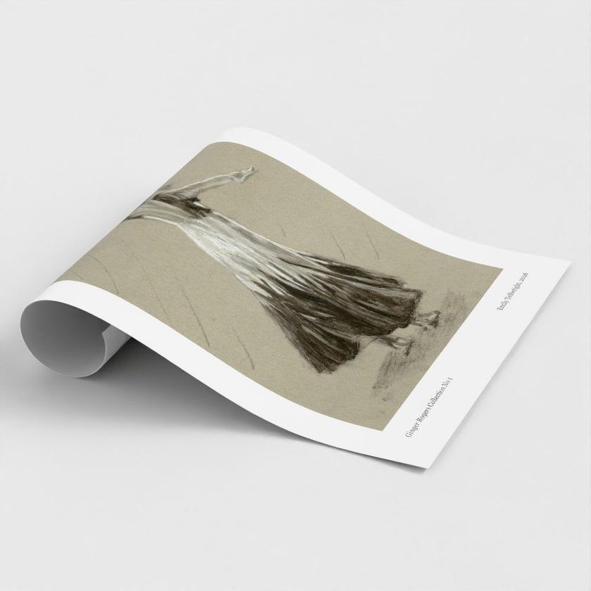 A rolled-out art print or poster showing a sketch of a woman in a flowing dress, photographed on a clean light grey background. The print has a white border and visible printed text along the bottom edge.