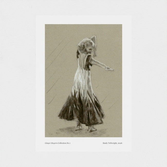 A vintage art print featuring a monochrome sketch of a dancer in a flowing dress, presented on a white paper mount with small text at the bottom.