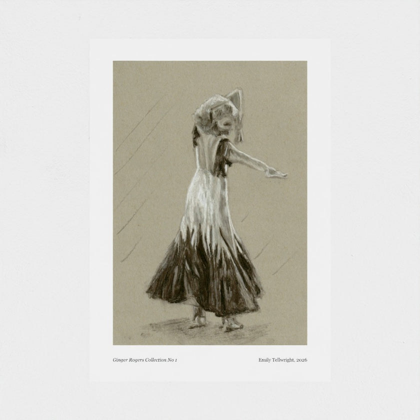 A vintage art print featuring a monochrome sketch of a dancer in a flowing dress, presented on a white paper mount with small text at the bottom.