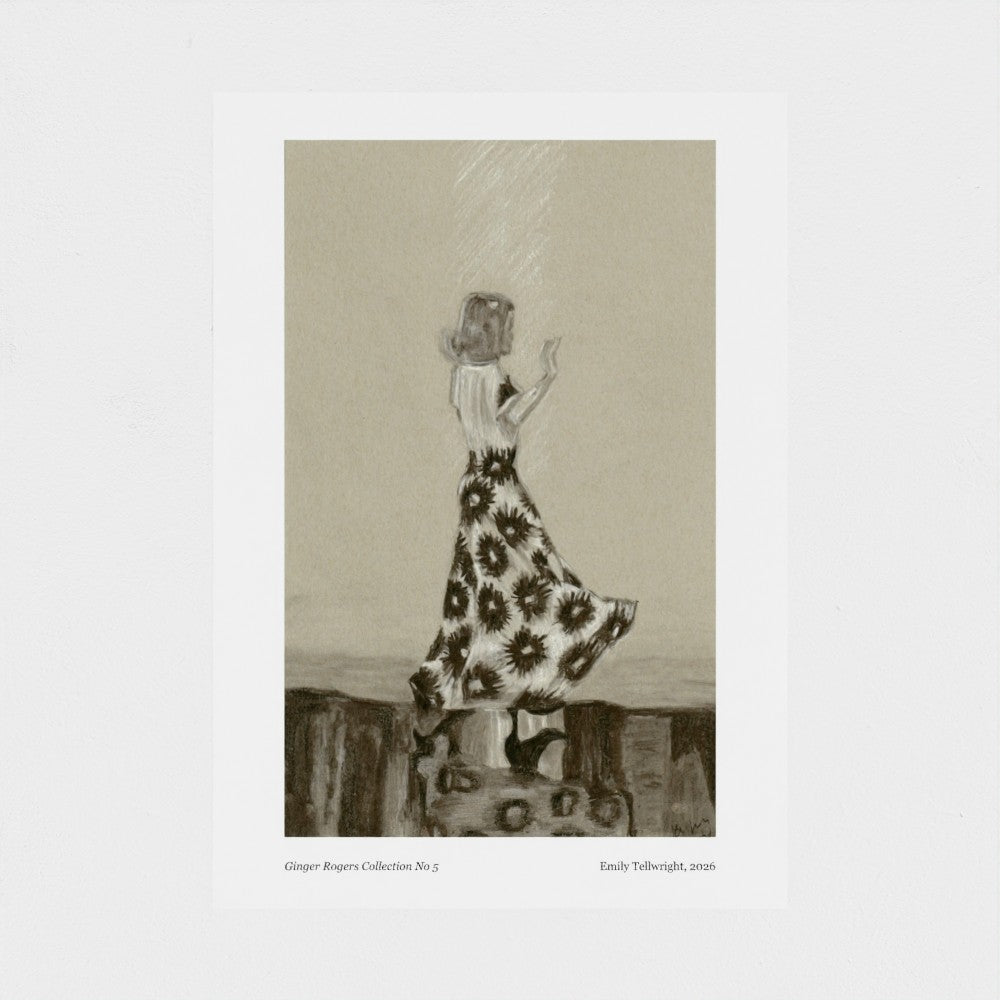 An  art print featuring a monochrome illustration of a woman in a floral dress standing on a shiny floor