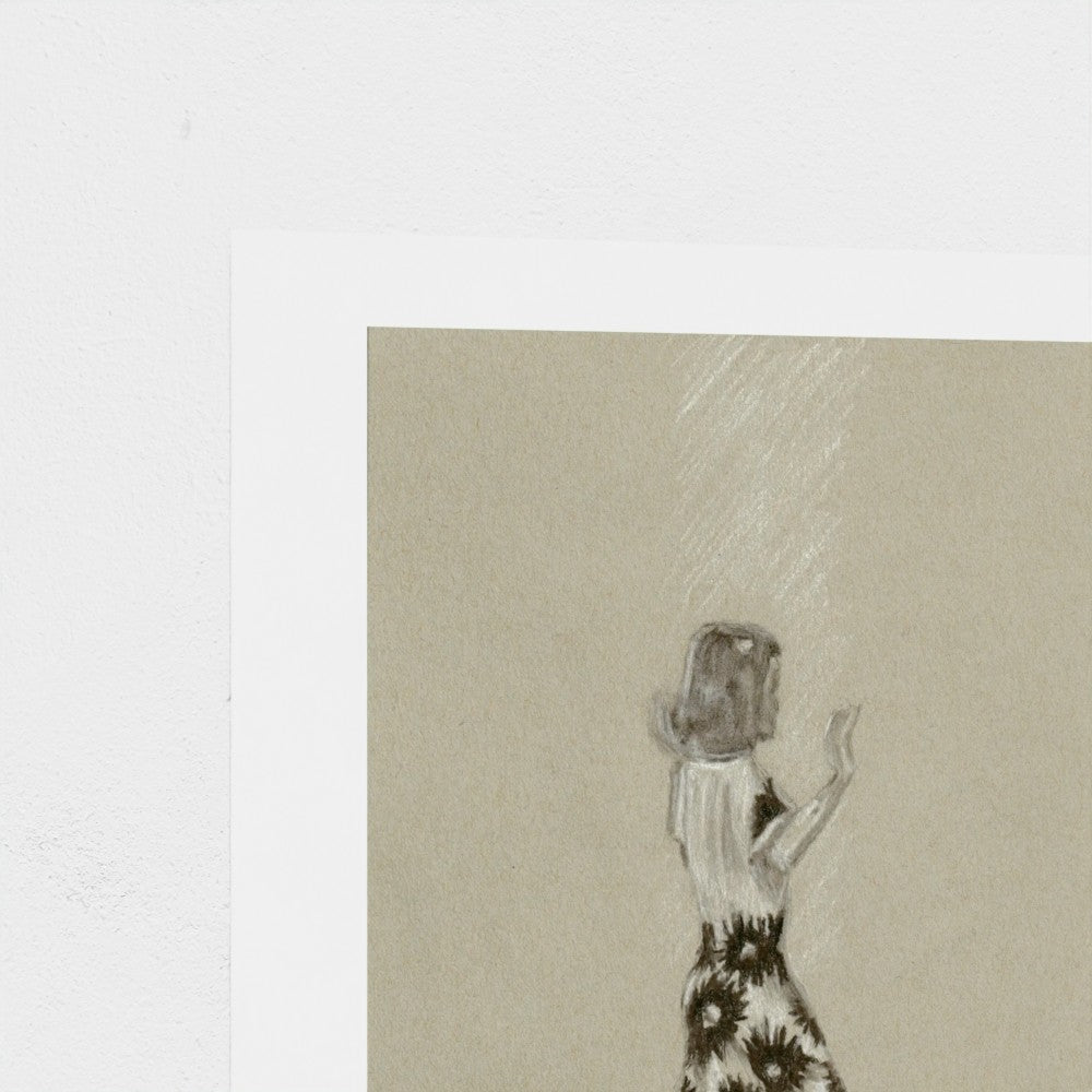 A square art print with a wide white border, featuring a monochrome sketch of a woman in a floral dress , shown against a white textured background.