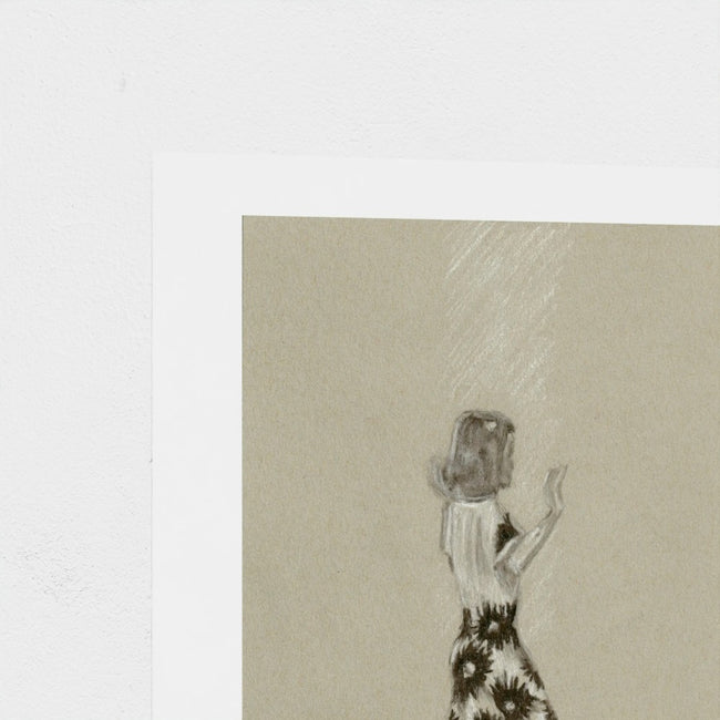 A square art print with a wide white border, featuring a monochrome sketch of a woman in a floral dress , shown against a white textured background.