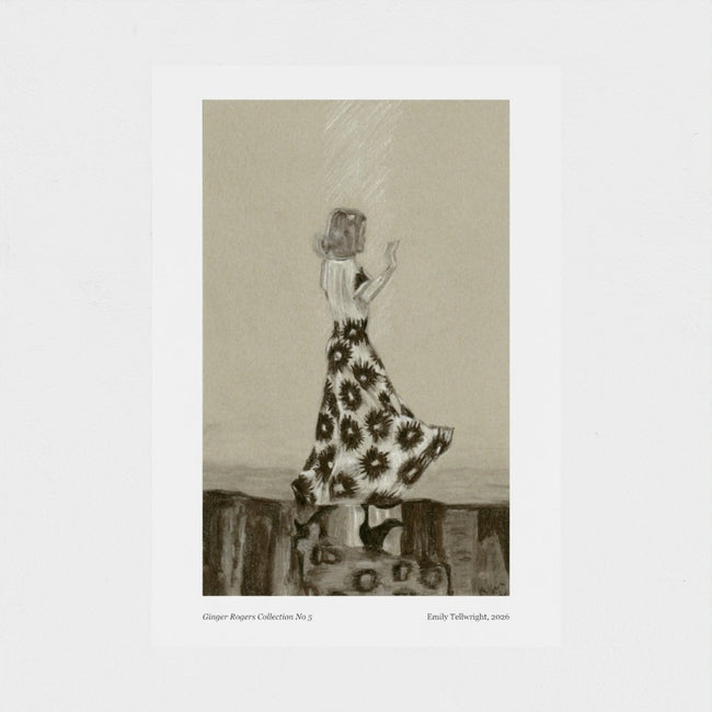 An  art print featuring a monochrome illustration of a woman in a floral dress standing on a shiny floor