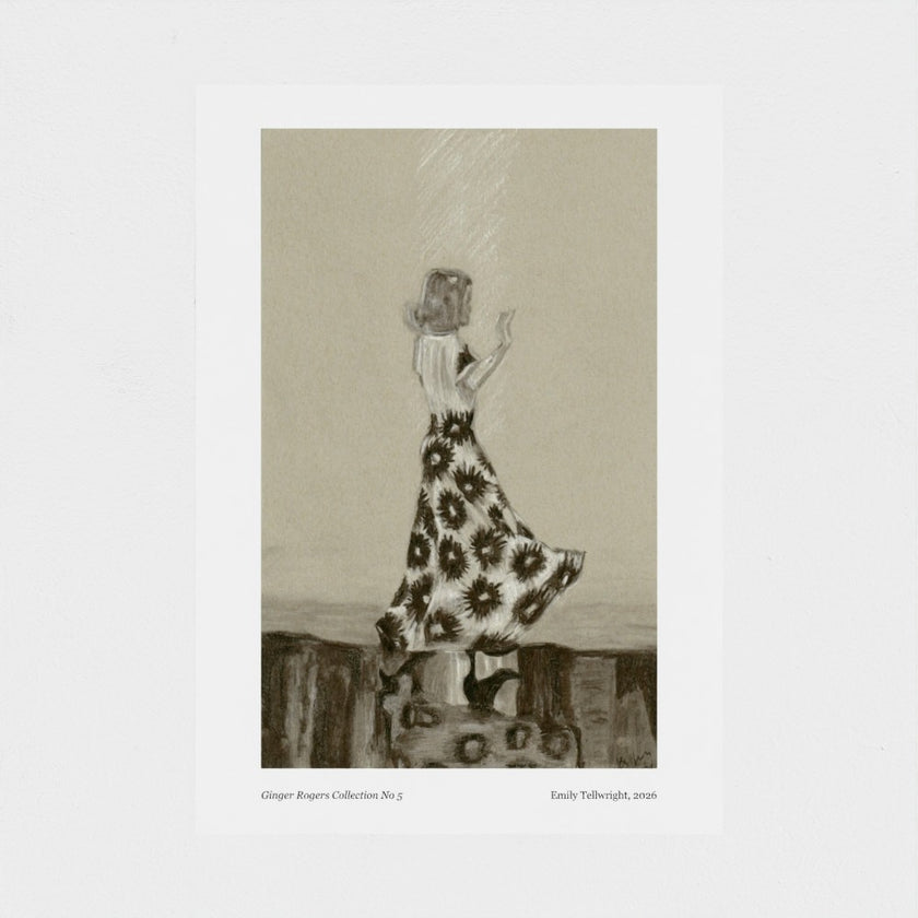 An  art print featuring a monochrome illustration of a woman in a floral dress standing on a shiny floor