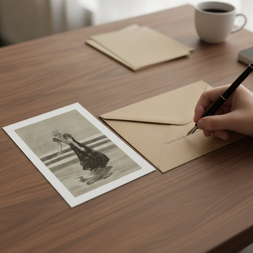 A hand writes on a kraft paper envelope with a black fountain pen, placed on a wooden table next to a printed art card with a white border. A white coffee mug is visible in the background.