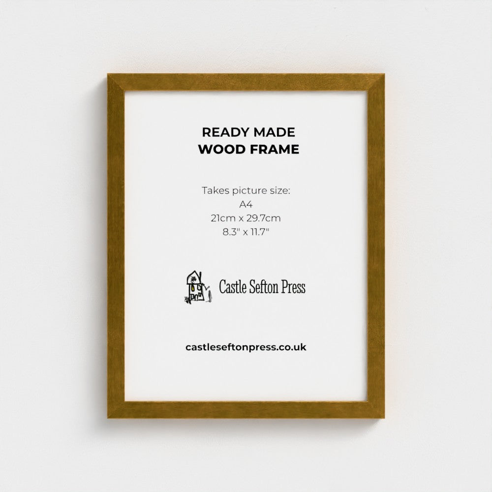 A gold wooden picture frame shown against a light gray background, with printed text inside reading 'READY MADE WOOD FRAME' and 'Castle Sefton Press'.