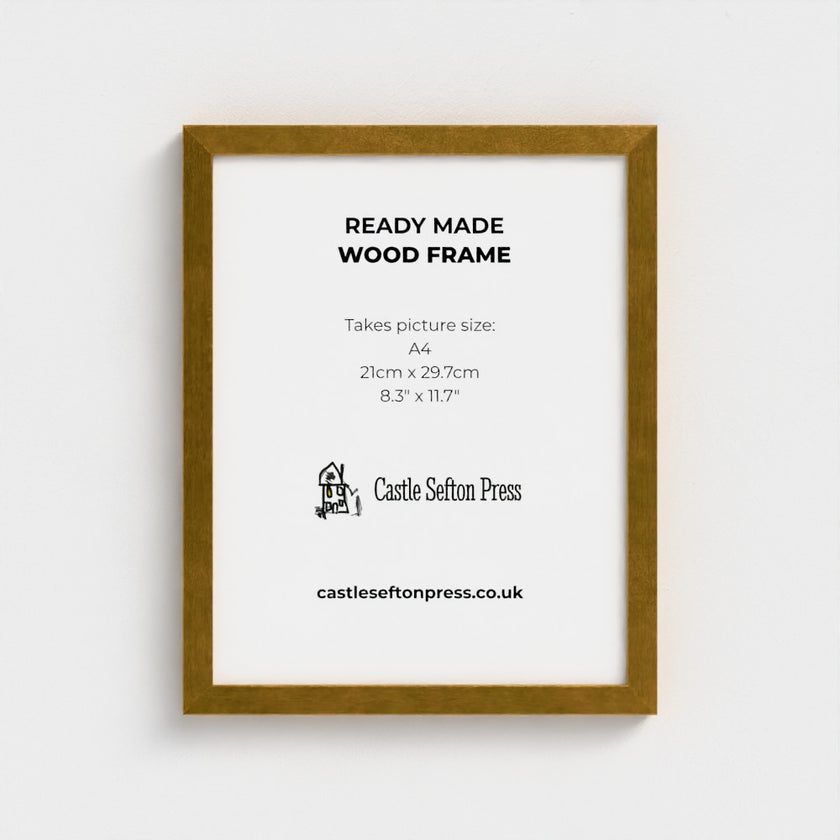 A gold wooden picture frame shown against a light gray background, with printed text inside reading 'READY MADE WOOD FRAME' and 'Castle Sefton Press'.