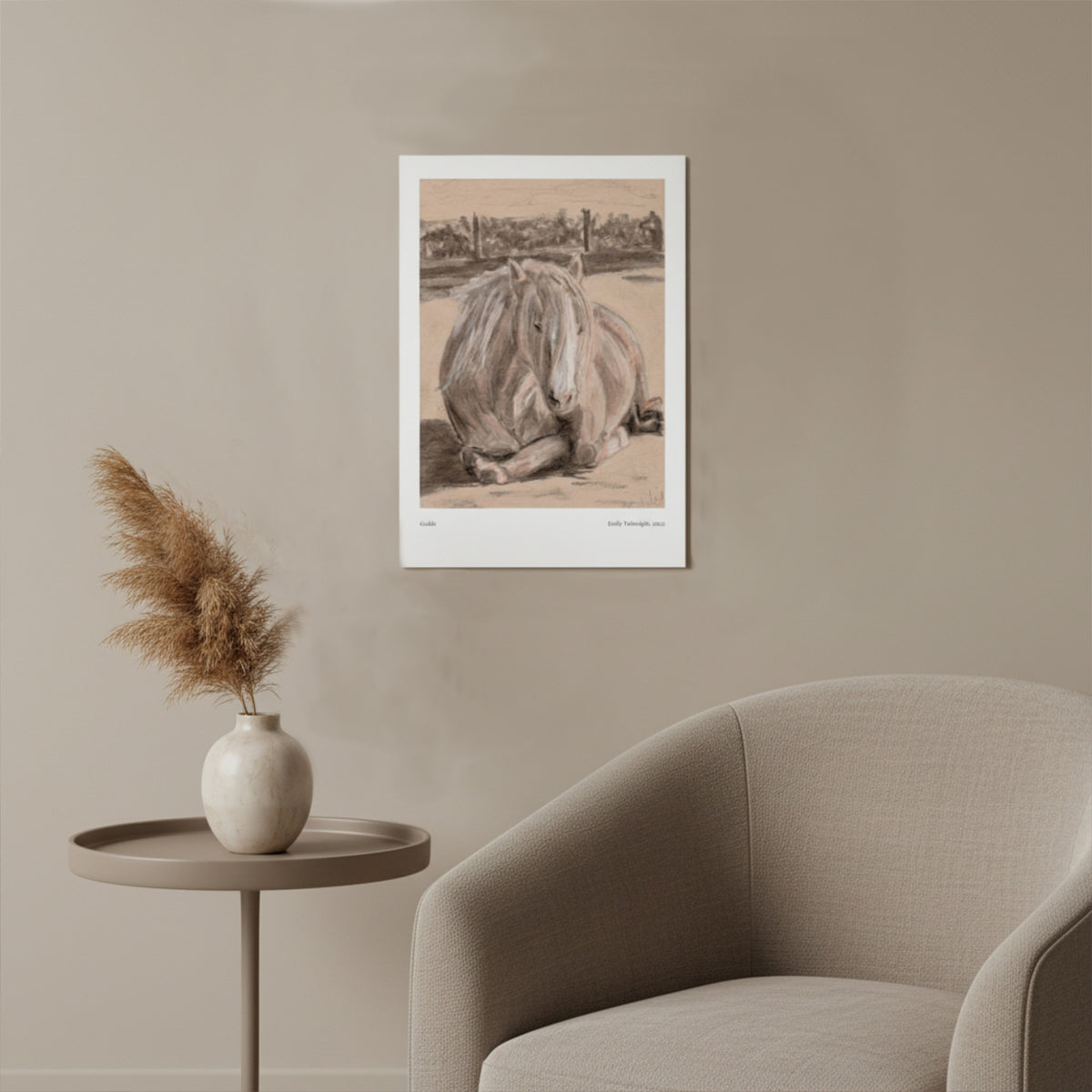 An art print of a drawing of a pony in a beige interior with chair, table and foliage in vase