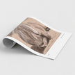 A rolled-out art print showing a sketch of a pony, photographed on a clean light gray background. The print has a white border and small printed text along the right edge.