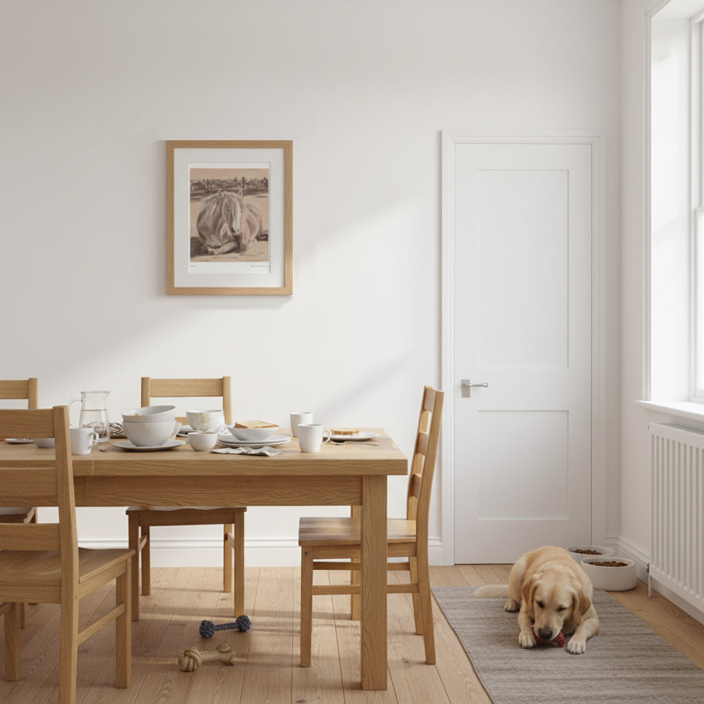 A framed art print of a drawing of a pony is on the wall above a light oak dining table with matching wooden chairs in a bright, modern dining room. A golden retriever dog is lying on a grey rug on the floor next to the table.