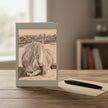 A greeting card featuring a sepia-toned sketch of a resting horse, displayed on a wooden table next to an envelope and pen in a softly blurred indoor setting.
