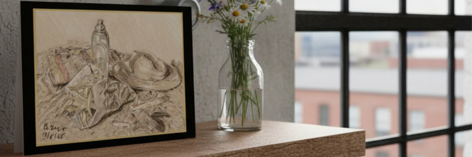 A greetings card on a wooden table next to a glass vase with white flowers, with a window and brick building visible in the background.