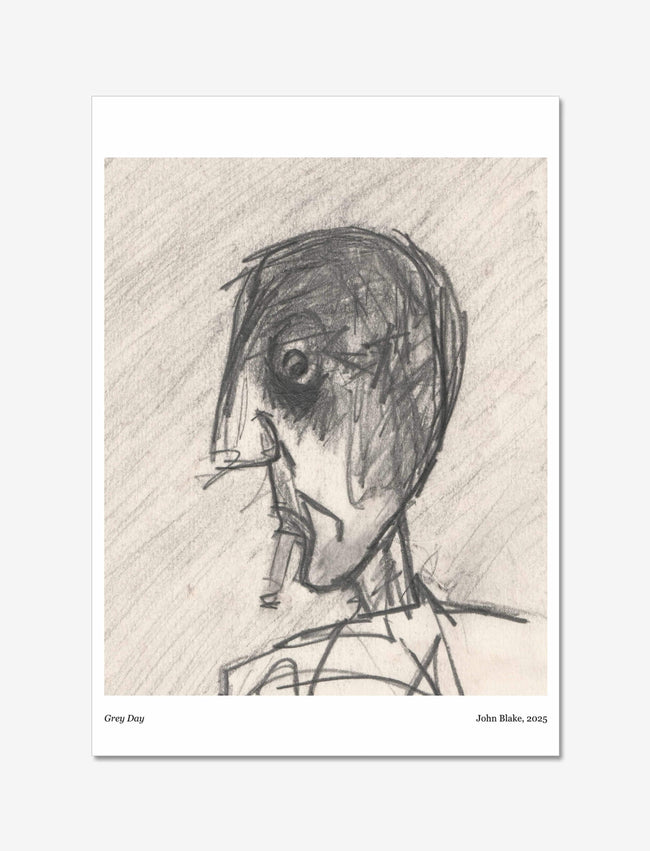 Grey Day Art Print: a pencil drawing of a man smoking.