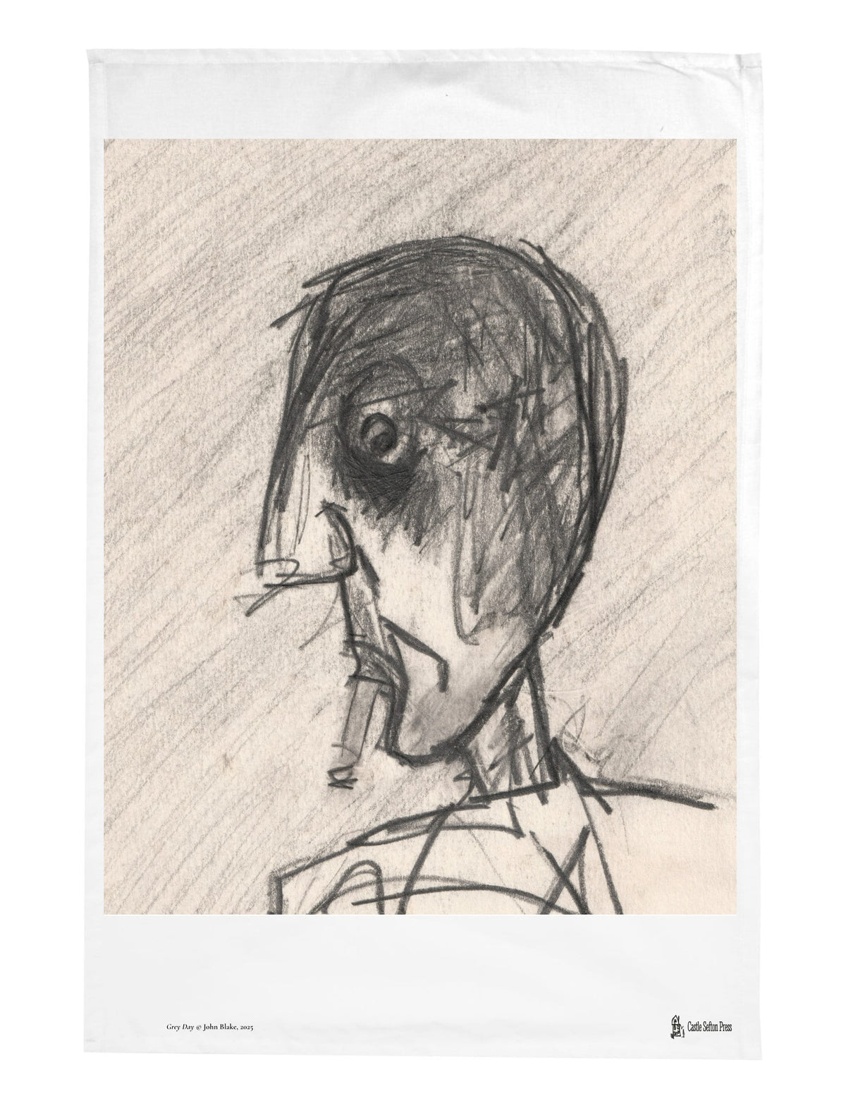 Grey Day tea towel, a drawing of a head with a cigareete by John Blake