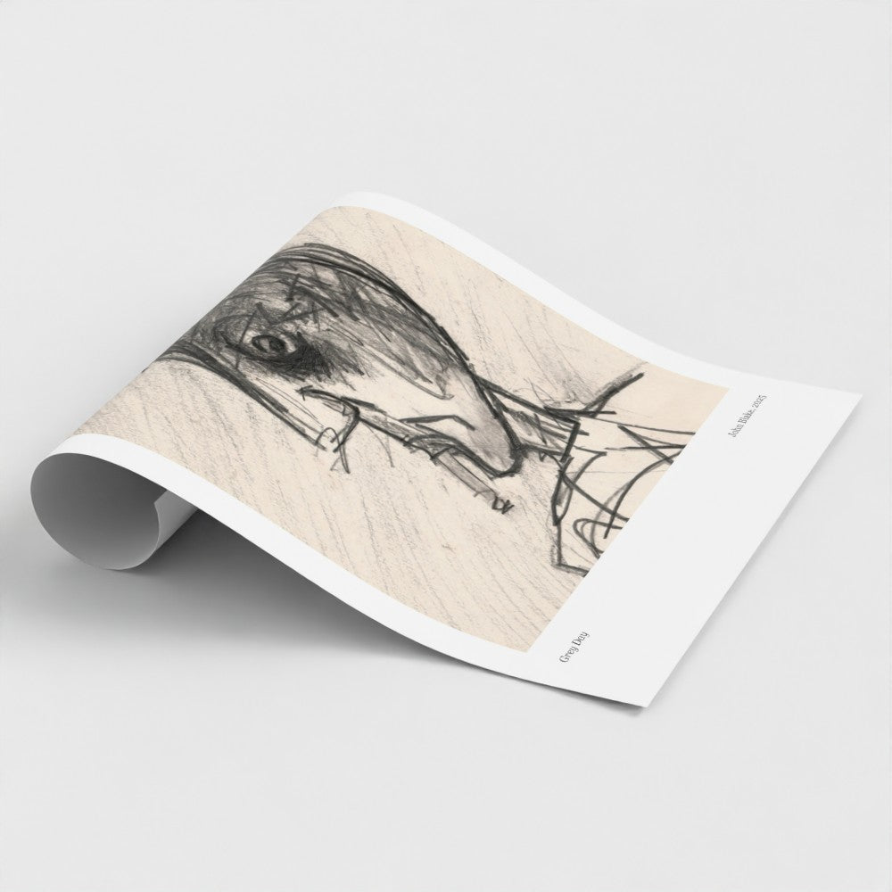 A rolled-out art print or poster showing a monochrome portrait of a smoking person, photographed on a clean light grey background.