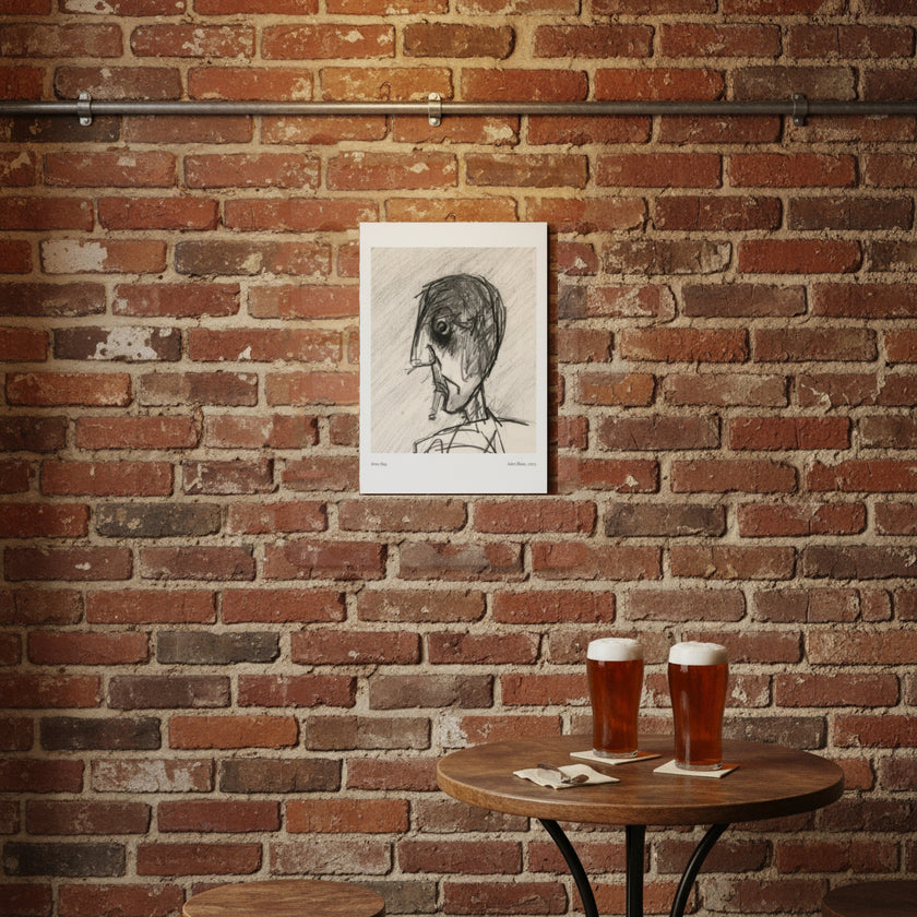 A black and white sketch print of a face is displayed on a rustic red brick wall above a small wooden table with two glasses of beer.