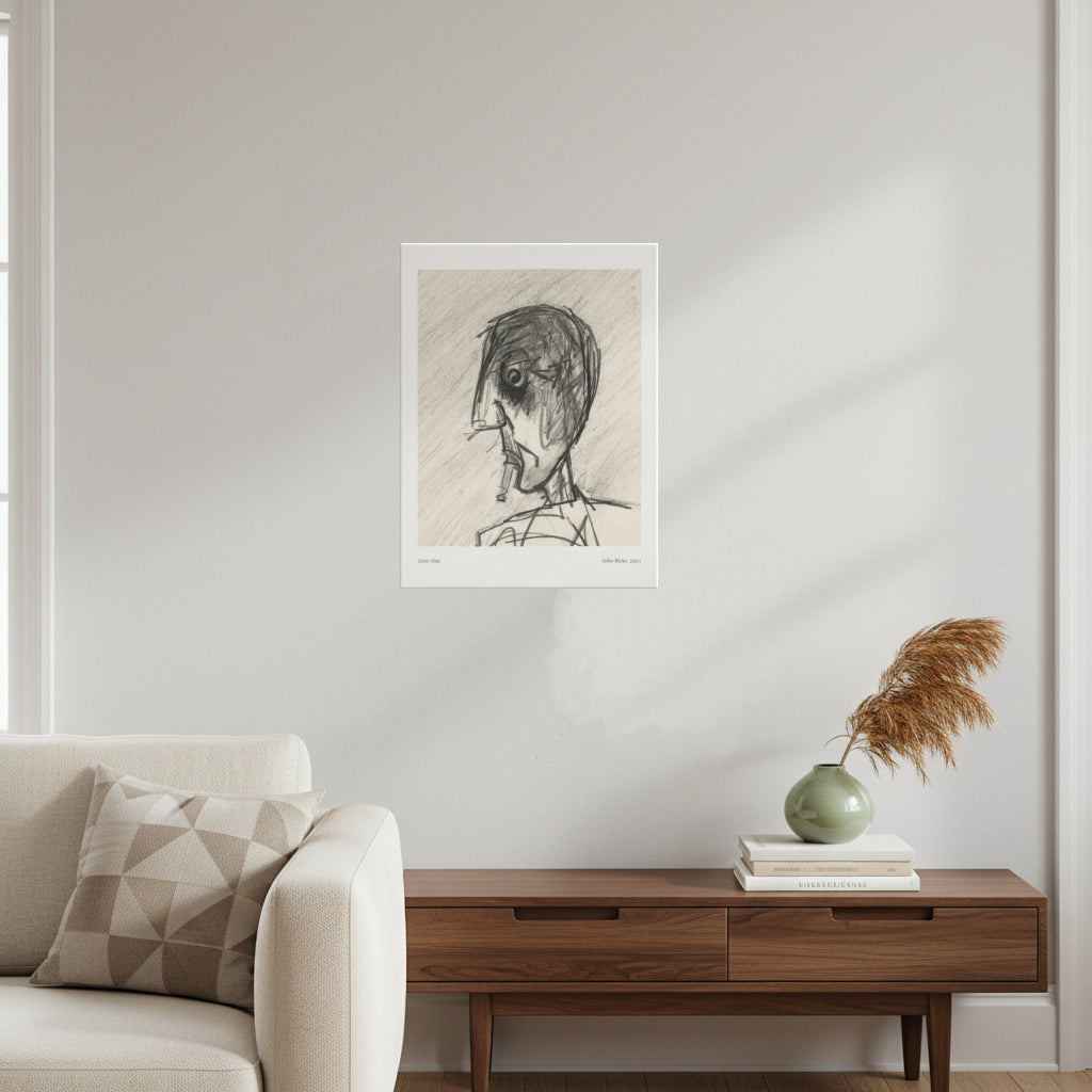 A black and white sketch print of a stylized face hangs on a light gray wall in a modern living room setting above a wooden console table with a vase and books.