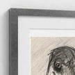 Close-up of a framed art print showing a textured gray frame, white mat board, and a charcoal sketch on beige paper against a white wall.