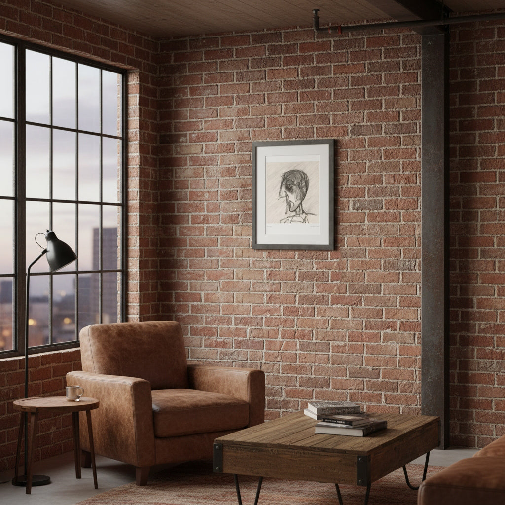 A styled interior scene with a brown leather armchair, wooden coffee table, black floor lamp, brick wall, and framed portrait hanging on the wall.