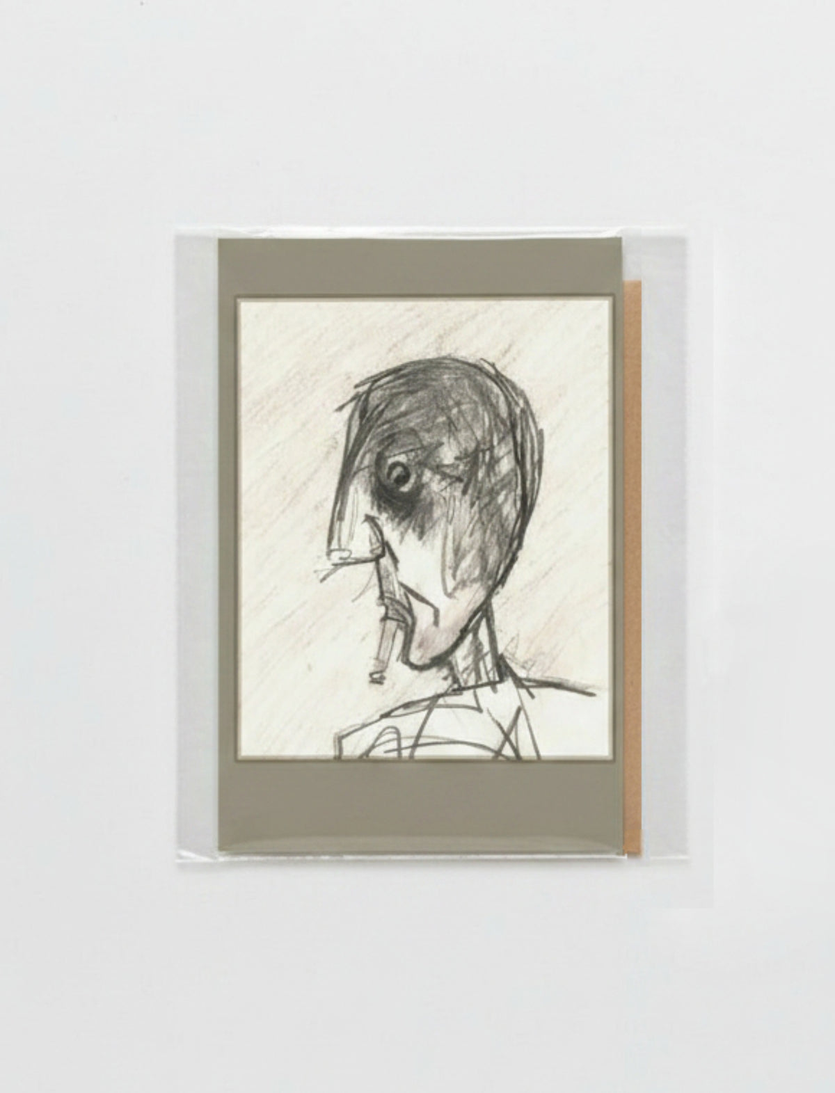 A sketch-style art print featuring a stylized portrait of a person in profile, mounted on a neutral gray cardstock with a white backing, photographed against a light gray background.