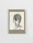 A sketch-style art print featuring a stylized portrait of a person in profile, mounted on a neutral gray cardstock with a white backing, photographed against a light gray background.