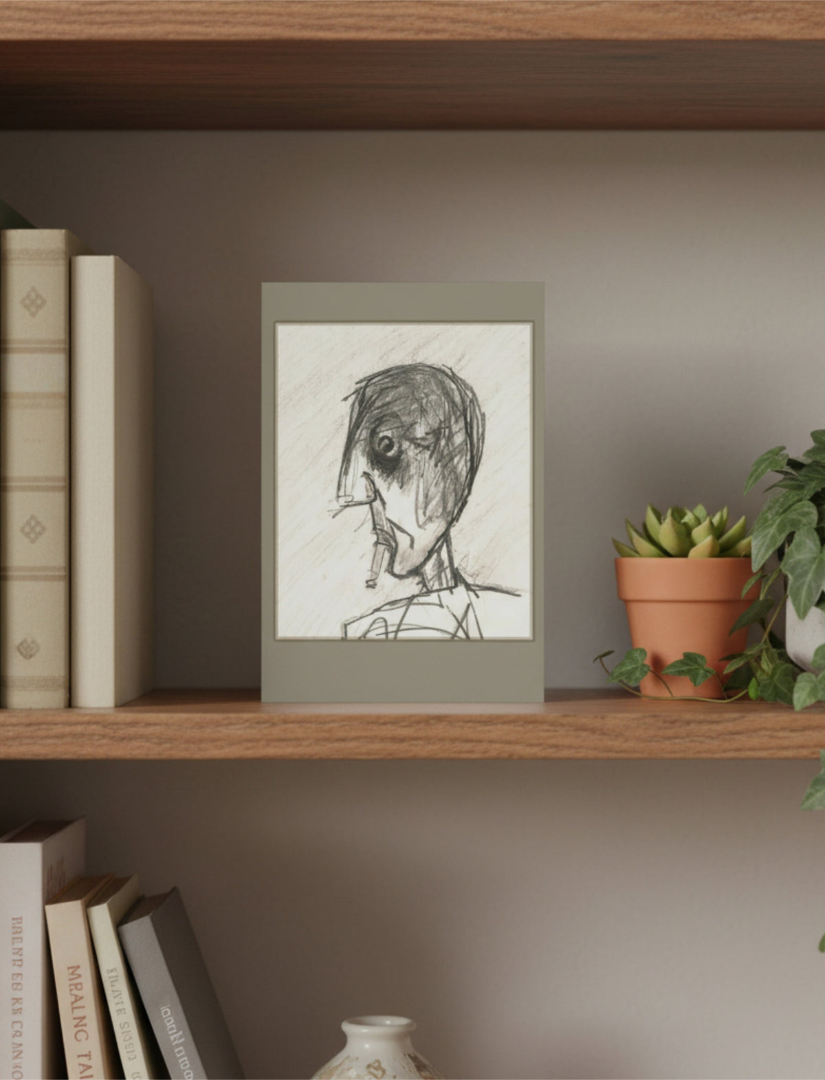 A framed pencil portrait drawing of a person in profile, displayed on a wooden bookshelf alongside books and a potted plant.