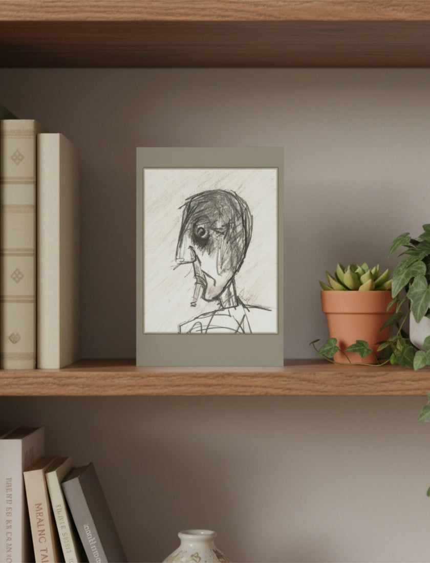 A framed pencil portrait drawing of a person in profile, displayed on a wooden bookshelf alongside books and a potted plant.
