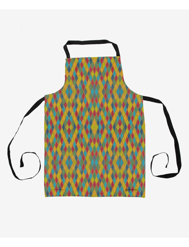 Harlequin apron showcasing a design by Emily Tellwright
