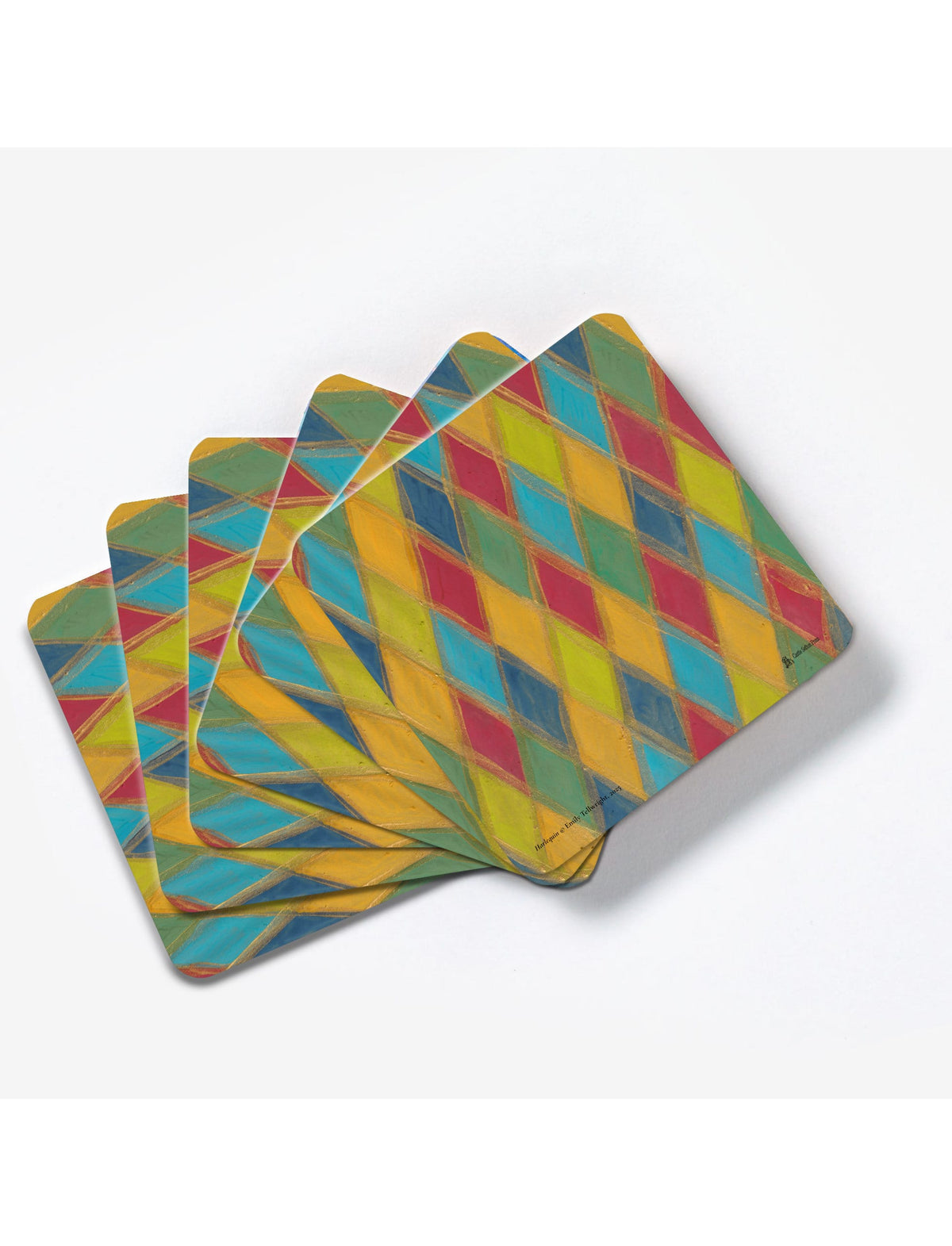 Harlequin coaster. A wood and cork drink coaster designed by Emily Tellwright