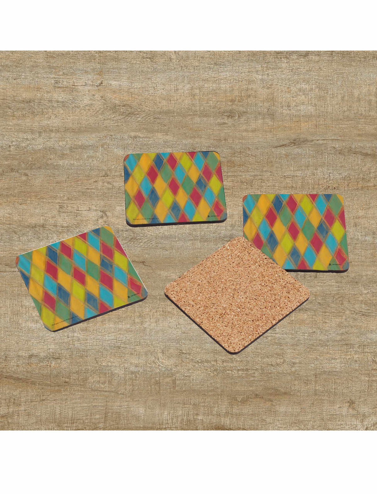 Harlequin coaster. A wood and cork drink coaster designed by Emily Tellwright