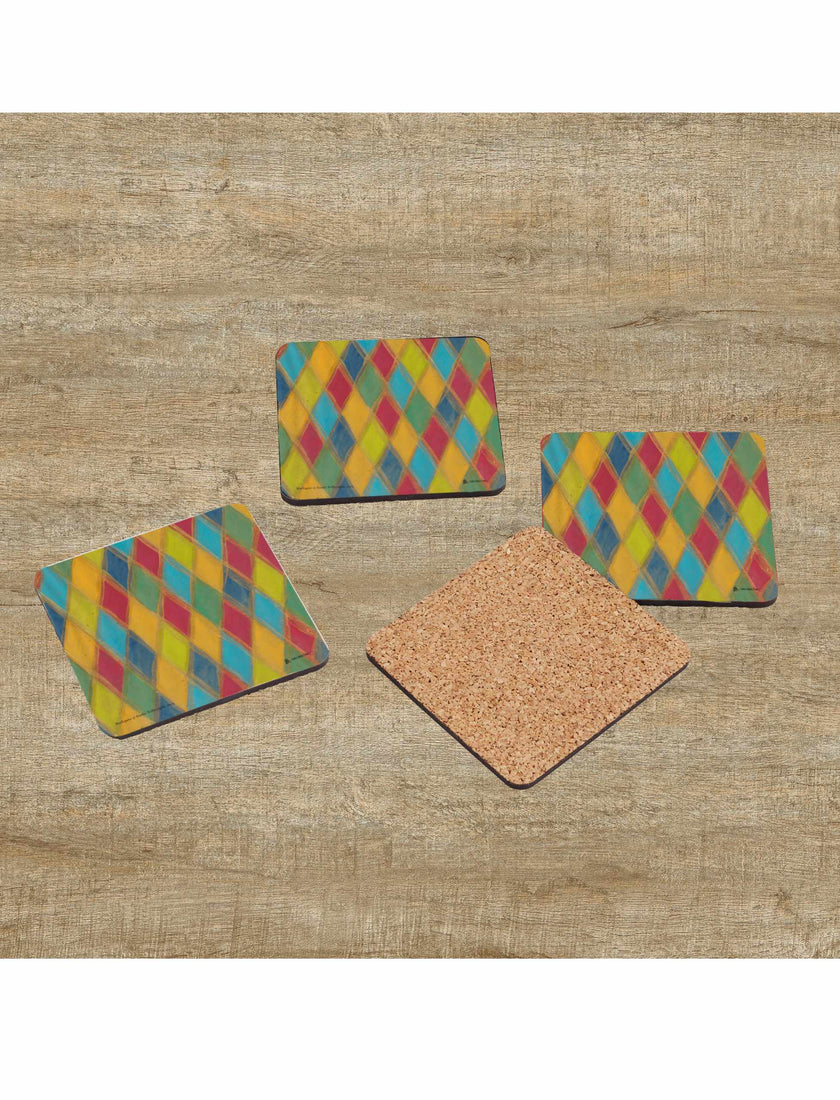 Harlequin coaster. A wood and cork drink coaster designed by Emily Tellwright