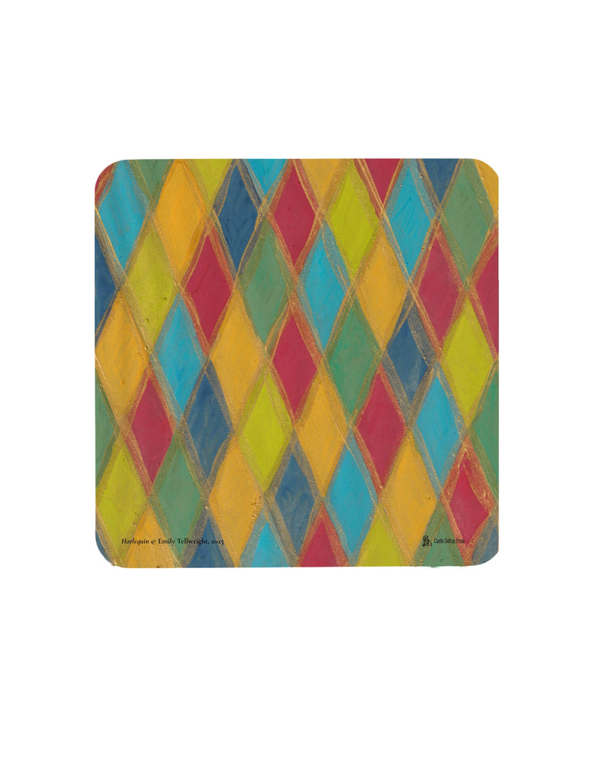 Harlequin coaster. A wood and cork drink coaster designed by Emily Tellwright