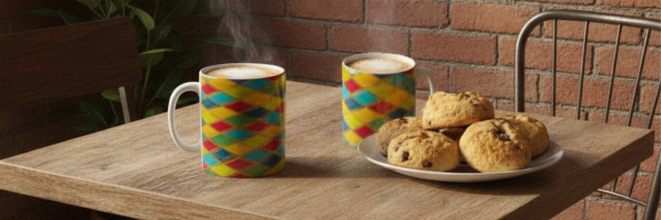Two harlequin design mugs on a table with a plate of scones