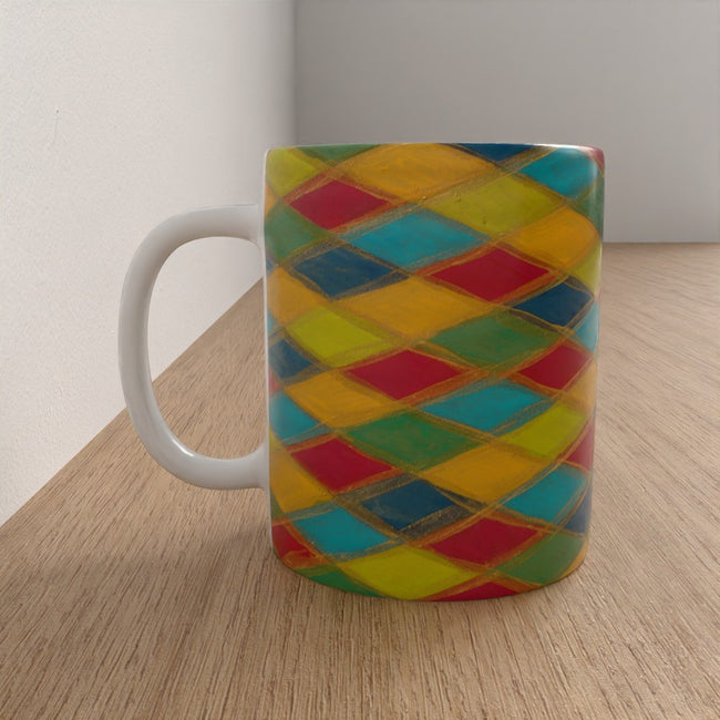 A ceramic mug with a colourful harlequin diamond pattern in yellow, red, green, and blue, featuring a white handle and base, sitting on a light wood tabletop.
