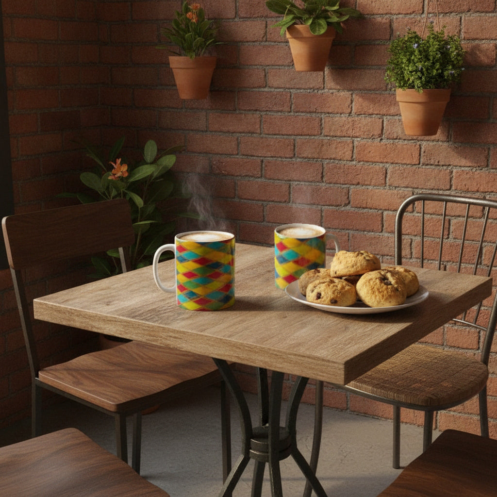 Two colorful patterned mugs sit on a wooden table in a cafe setting, with a plate of cookies beside them and a brick wall with hanging plants in the background.