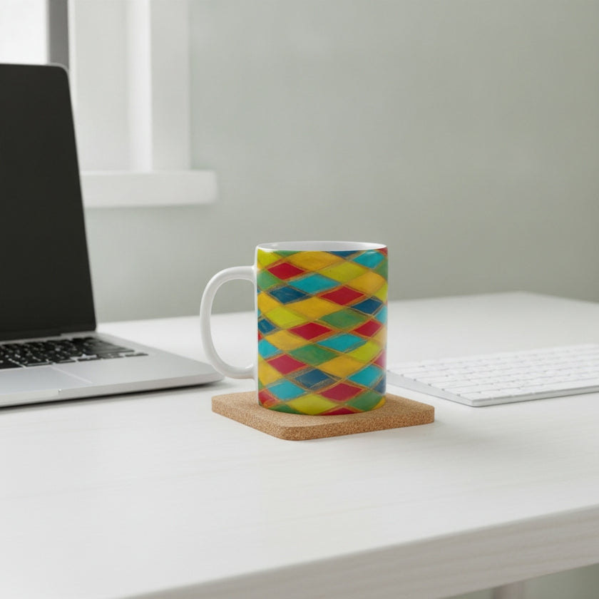 A white ceramic mug with a colorful yellow, red, blue, and green diamond pattern sits on a square cork coaster on a white desk next to a laptop and keyboard.