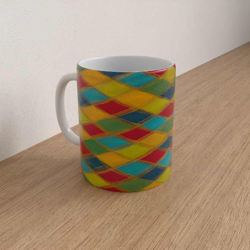 A white ceramic mug with a colourful geometric harlequin diamond pattern in yellow, red, green, and blue, sitting on a light wood tabletop against a plain off-white wall.