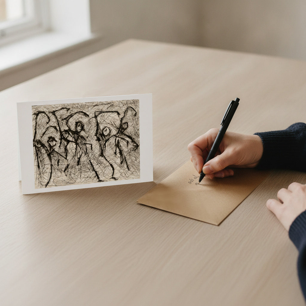 A person's hand holds a black pen, writing on a brown kraft paper envelope on a light wood table. To the left, a small wcard with a black scribbled figure drawing stands open on a stand.