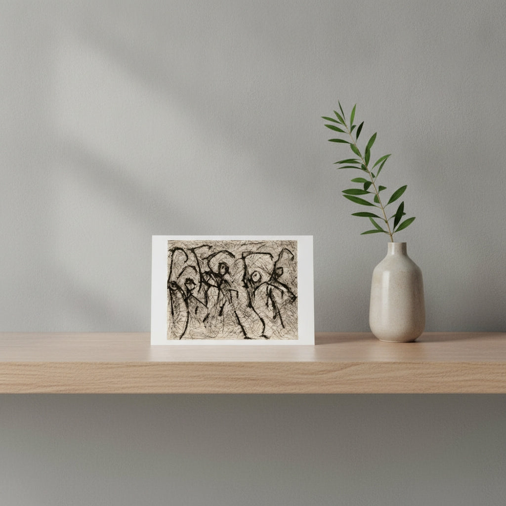 A greetings card featuring black abstract line drawings on a textured beige background, styled on a light wood shelf next to a small ceramic vase with green leaves against a gray wall.