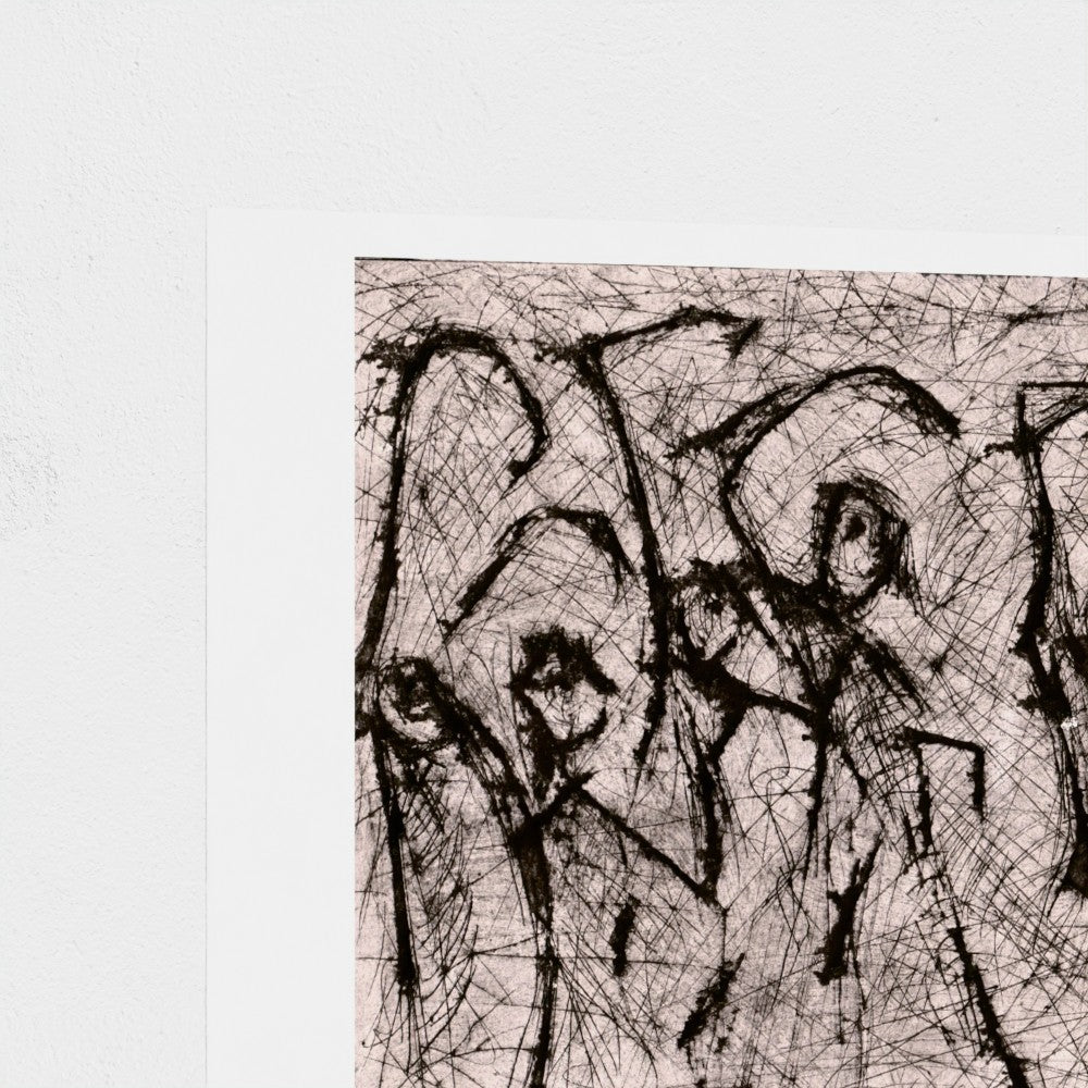 A close-up of a monochrome artwork showing a sketch-like scene with dancing figures in gray, black, and white tones, mounted against a white wall.