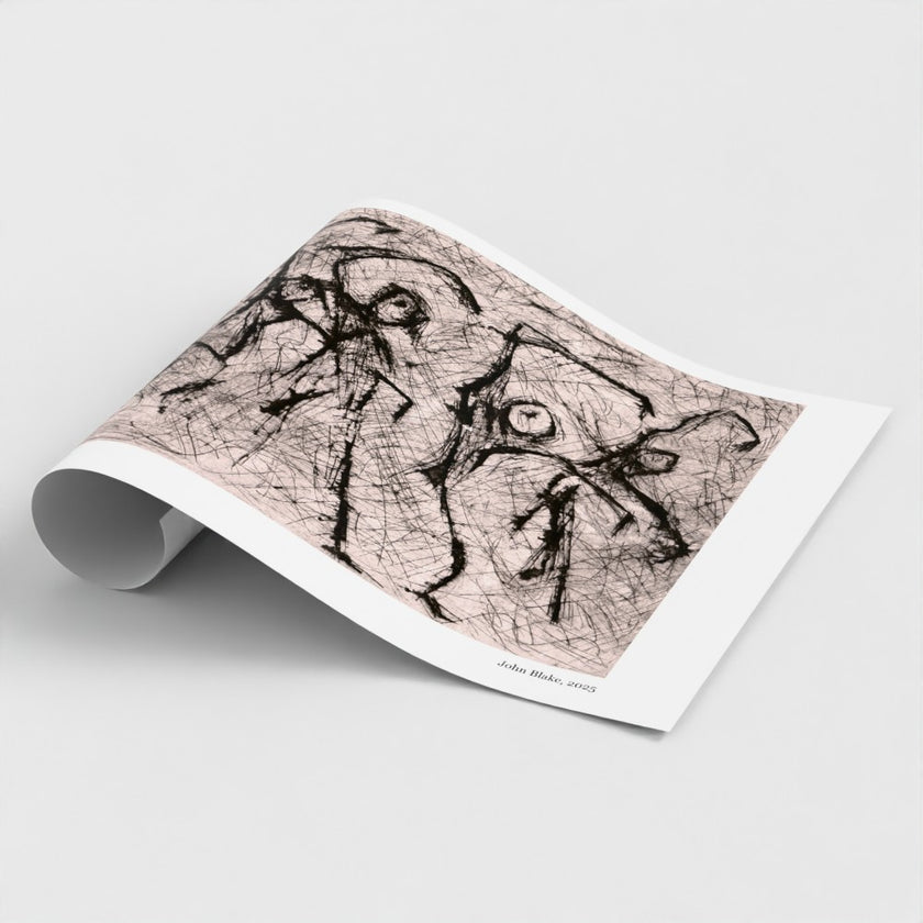 A rolled-out art print showing a monochrome design of dancing figures in greyscale, photographed on a clean light gray background.