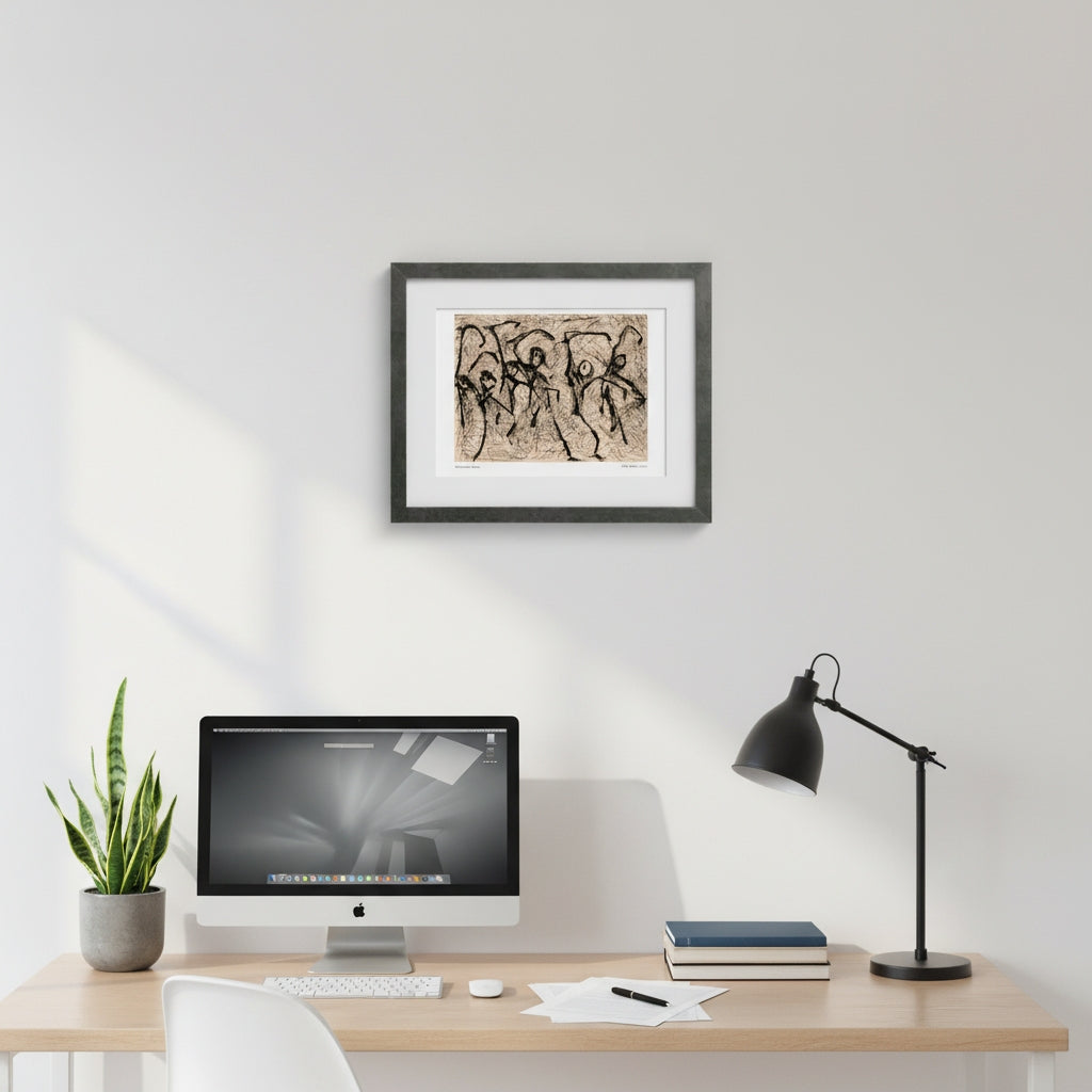 A framed art print featuring a black line drawing of figures on a beige background, displayed on a white wall above a wooden desk with a computer, lamp, and plant.