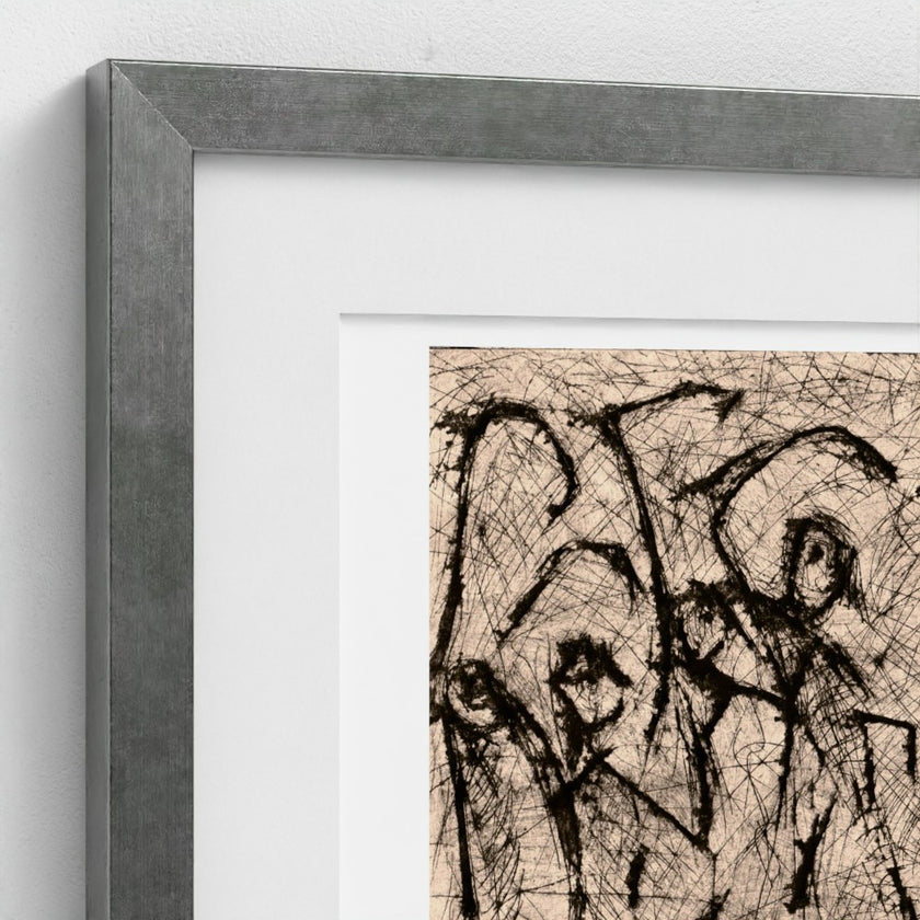 A framed abstract art print featuring black scribbled lines on a beige background, styled with a wide white mat and a textured gray frame against a white wall.