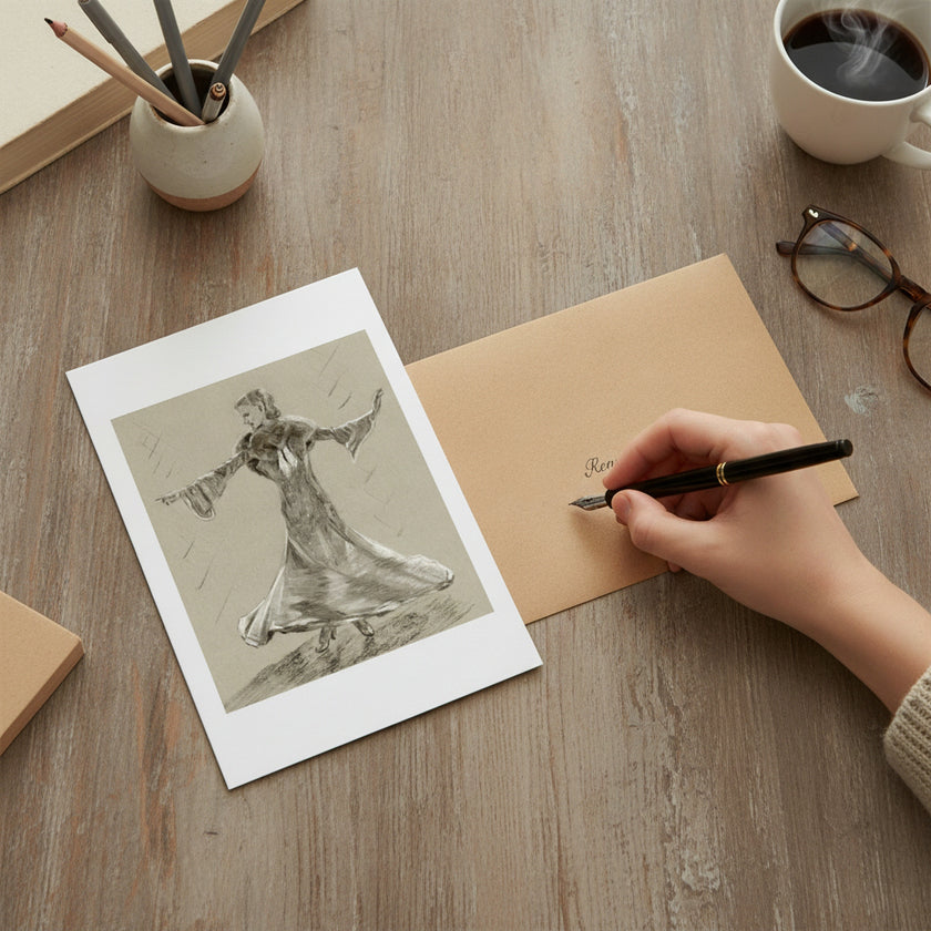 A hand holds a black fountain pen over a kraft paper envelope on a wooden desk, next to a printed art card featuring a black and white drawing of Ginger Rogers. The scene includes a cup of coffee, eyeglasses, pencils, and a book, creating a cosy, creative workspace atmosphere.