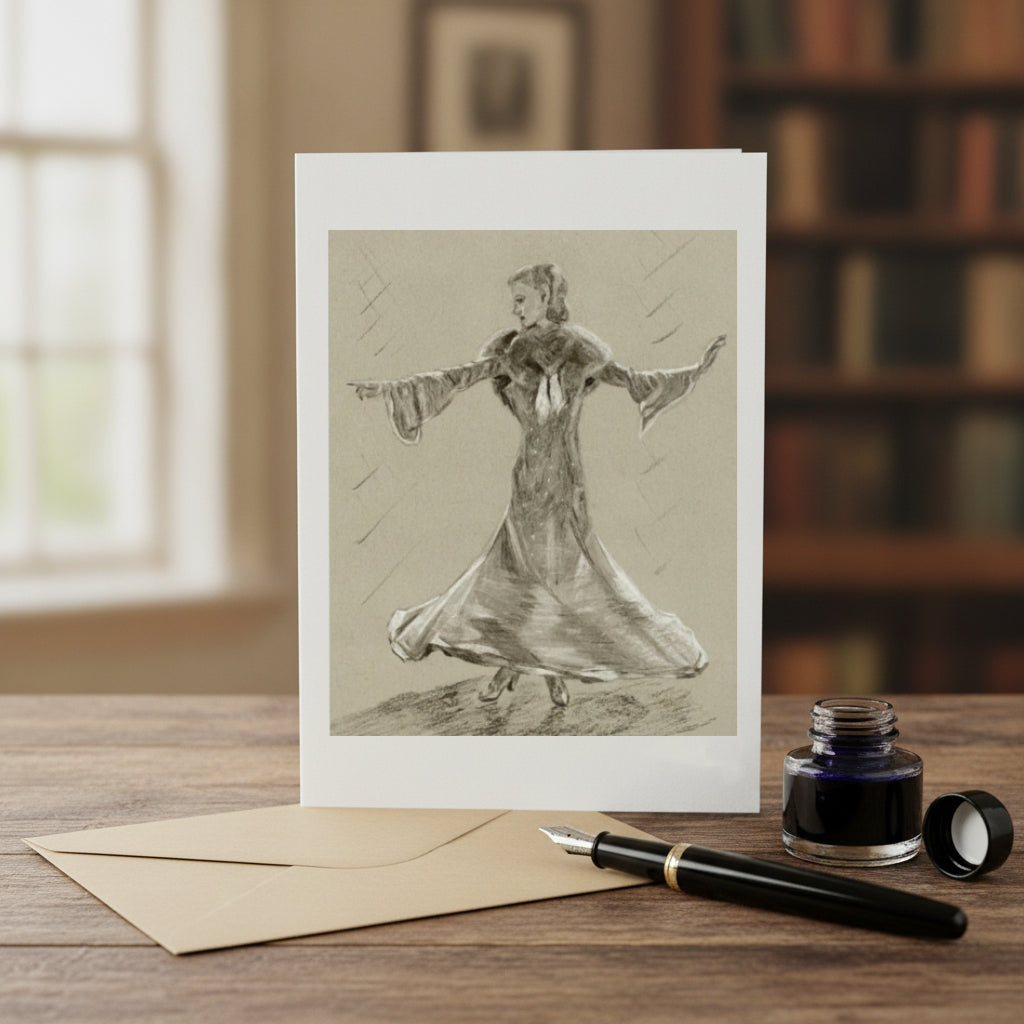 A greeting card with a black and white drawing of Ginger rogers, displayed on a wooden table with an envelope, fountain pen, and ink bottle in a softly blurred indoor setting.