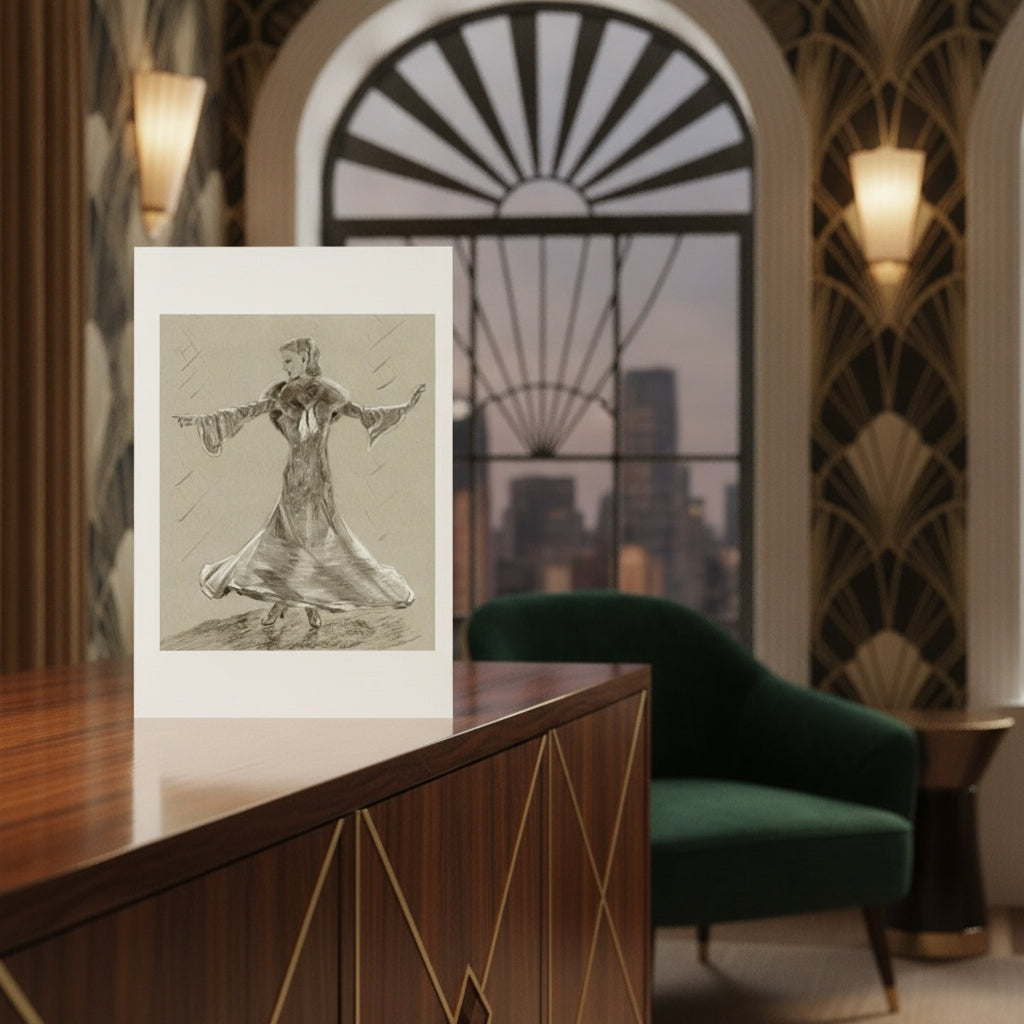 A greetings card showing a sketch of Ginger Rogers, displayed on a wooden console table in an elegant interior with a green armchair, patterned wallpaper, and a large arched window.